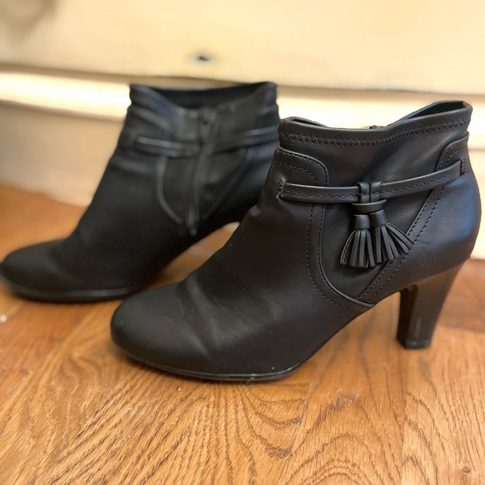 AEROSOLES Black Heeled Boots with Tassel Detail